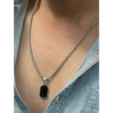 Men’s Onyx Pendant Necklace – Silver Box Chain with Black Stone Tag | GOYAH