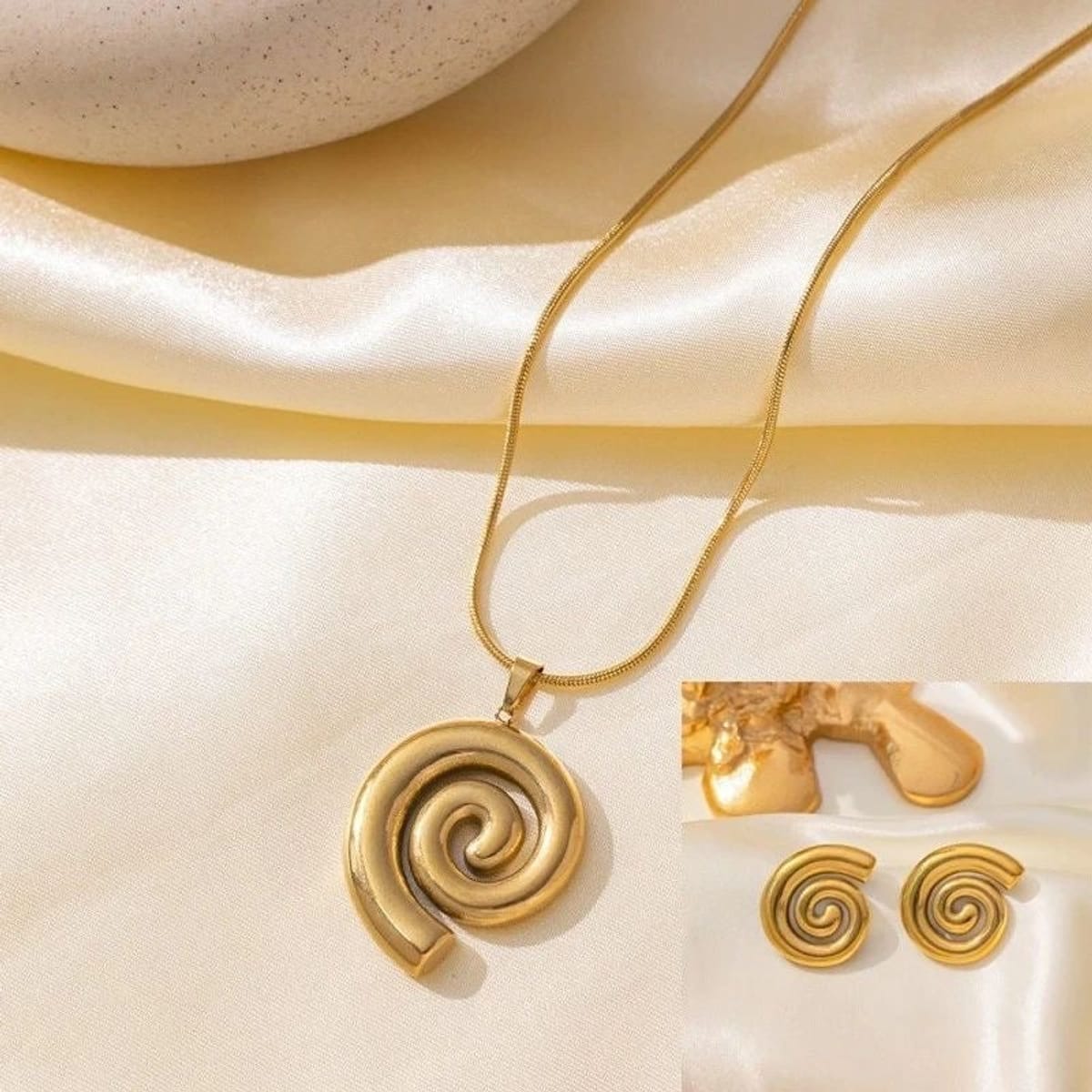 Gold Spiral Necklace & Earrings Set | Swirl Pendant Jewellery | GOYAH