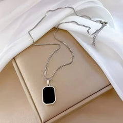 Men’s Onyx Pendant Necklace – Silver Box Chain with Black Stone Tag | GOYAH
