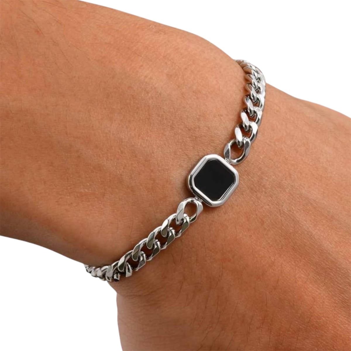 Men’s Silver Curb Chain Bracelet – Black Onyx Square Charm | GOYAH