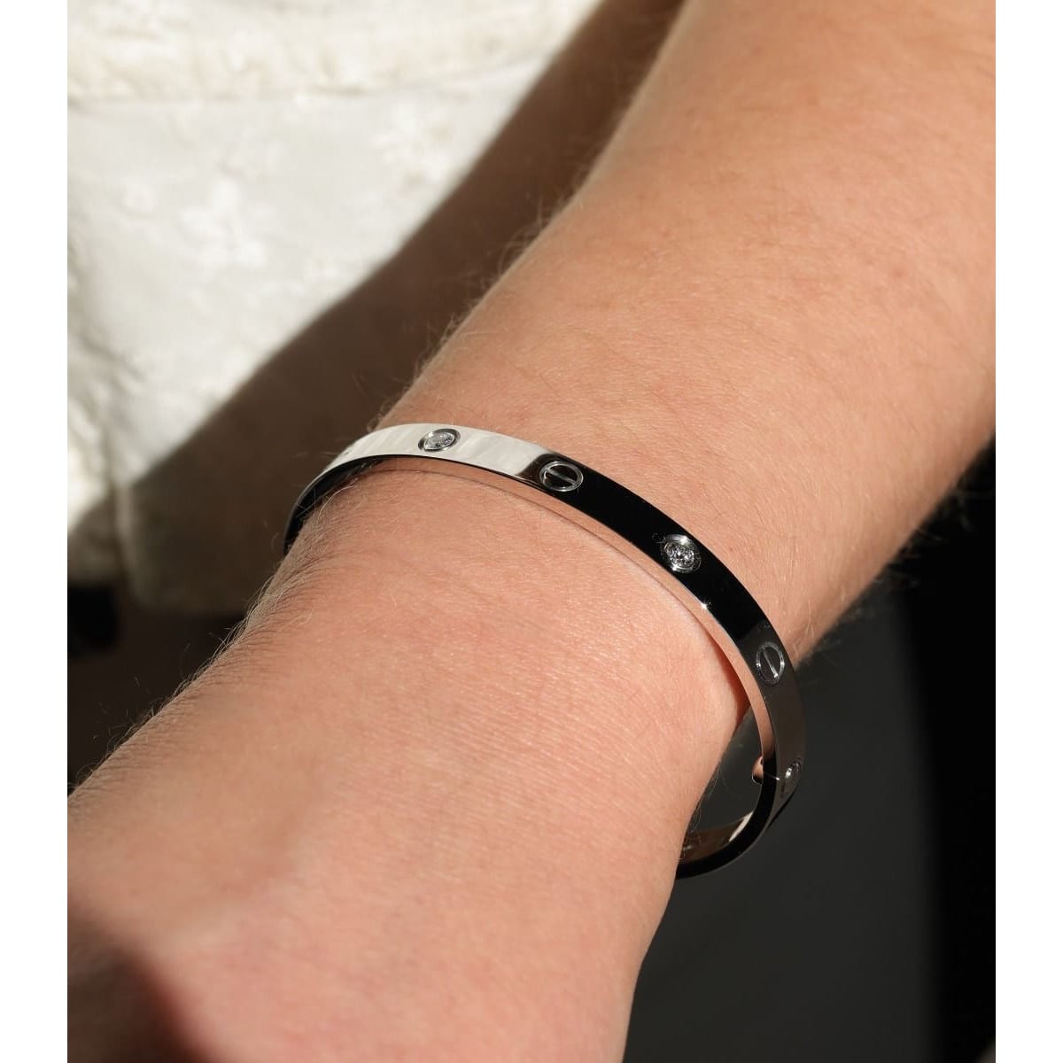 Silver Screw Motif Bangle Bracelet – Sleek Stainless Steel | GOYAH