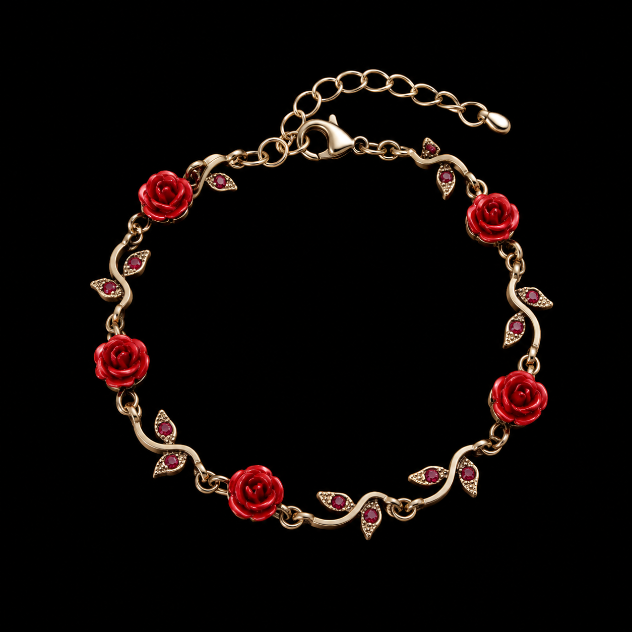 Vintage Rose Charm Bracelet | Antique Gold | Red Crystal Leaf Links | GOYAH