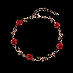 Vintage Rose Charm Bracelet | Antique Gold | Red Crystal Leaf Links | GOYAH
