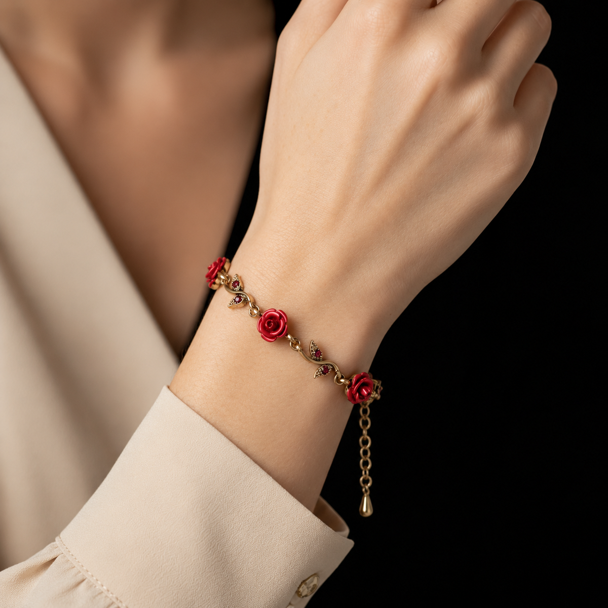 Vintage Rose Charm Bracelet | Antique Gold | Red Crystal Leaf Links | GOYAH