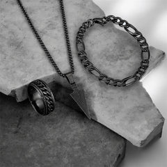Men’s Black Arrowhead Pendant Necklace, Curb Chain Bracelet & Engraved Ring Set – Black Stainless Steel |GOYAH
