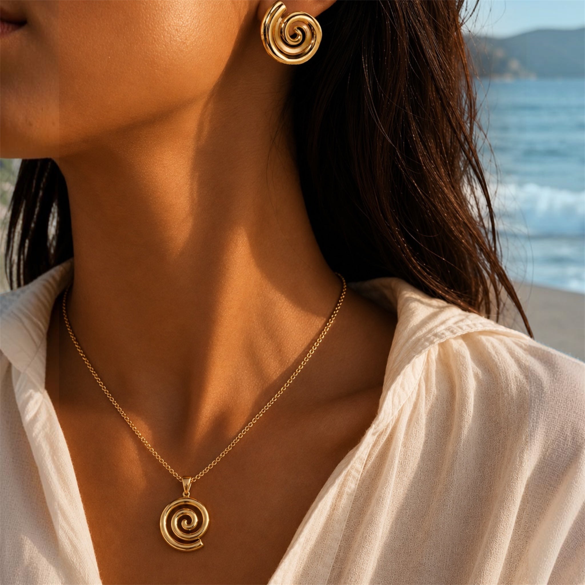 Gold Spiral Necklace & Earrings Set | Swirl Pendant Jewellery | GOYAH