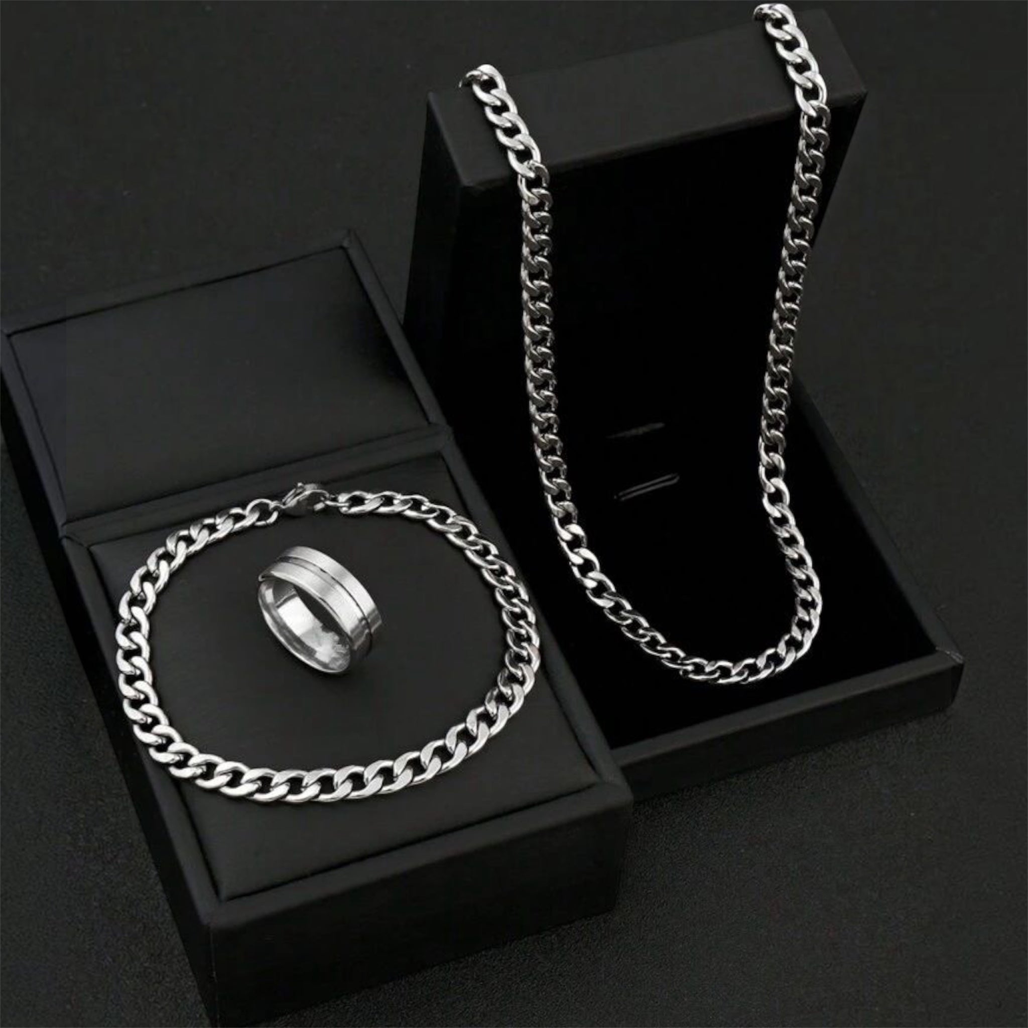 Silver Stainless Steel Ring, Necklace & Bracelet Set