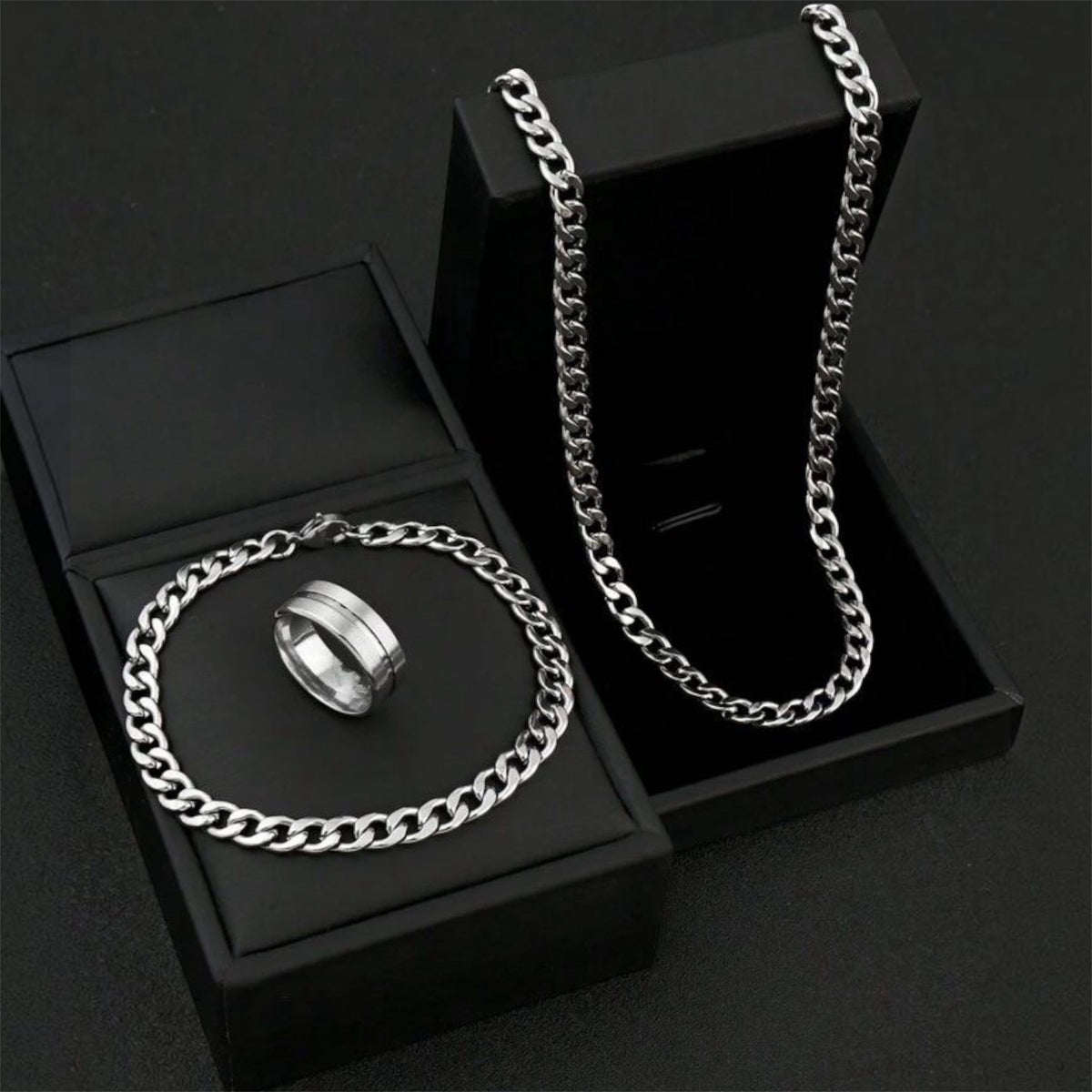 Silver Stainless Steel Ring, Necklace & Bracelet Set