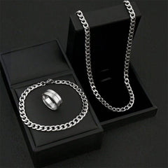 Silver Stainless Steel Ring, Necklace & Bracelet Set